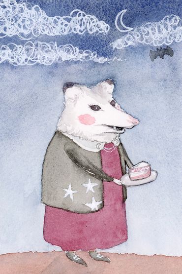 A painting of an opossum serving a slice of cake.