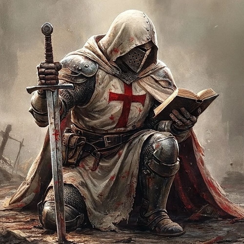A medieval knight kneels with sword and reads a book, wearing a blood-stained tunic with a red cross.