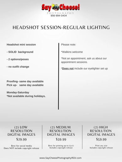 Photography studio offers headshot mini sessions with solid backgrounds and same-day proofing.