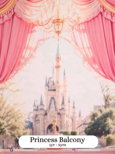 Princess Balcony with elegant pink curtains and chandelier overlooking a fairy tale castle.