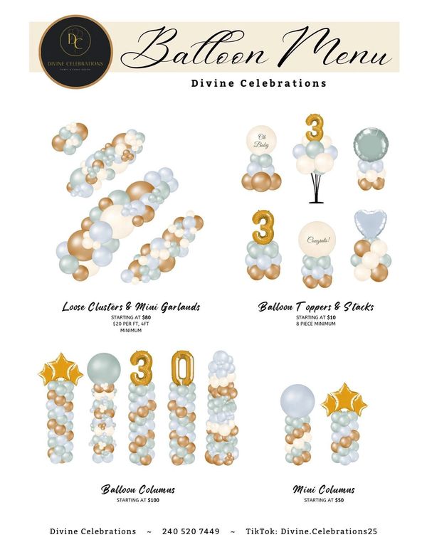 Elegant balloon decoration menu with clusters, toppers, columns, and mini columns in gold, white, and light blue.