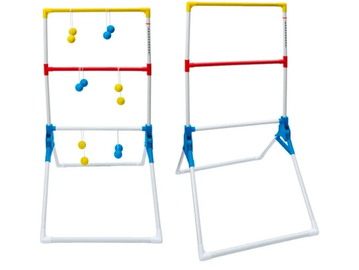 Two sets of ladder toss games with yellow and blue bolas, one assembled and one disassembled.