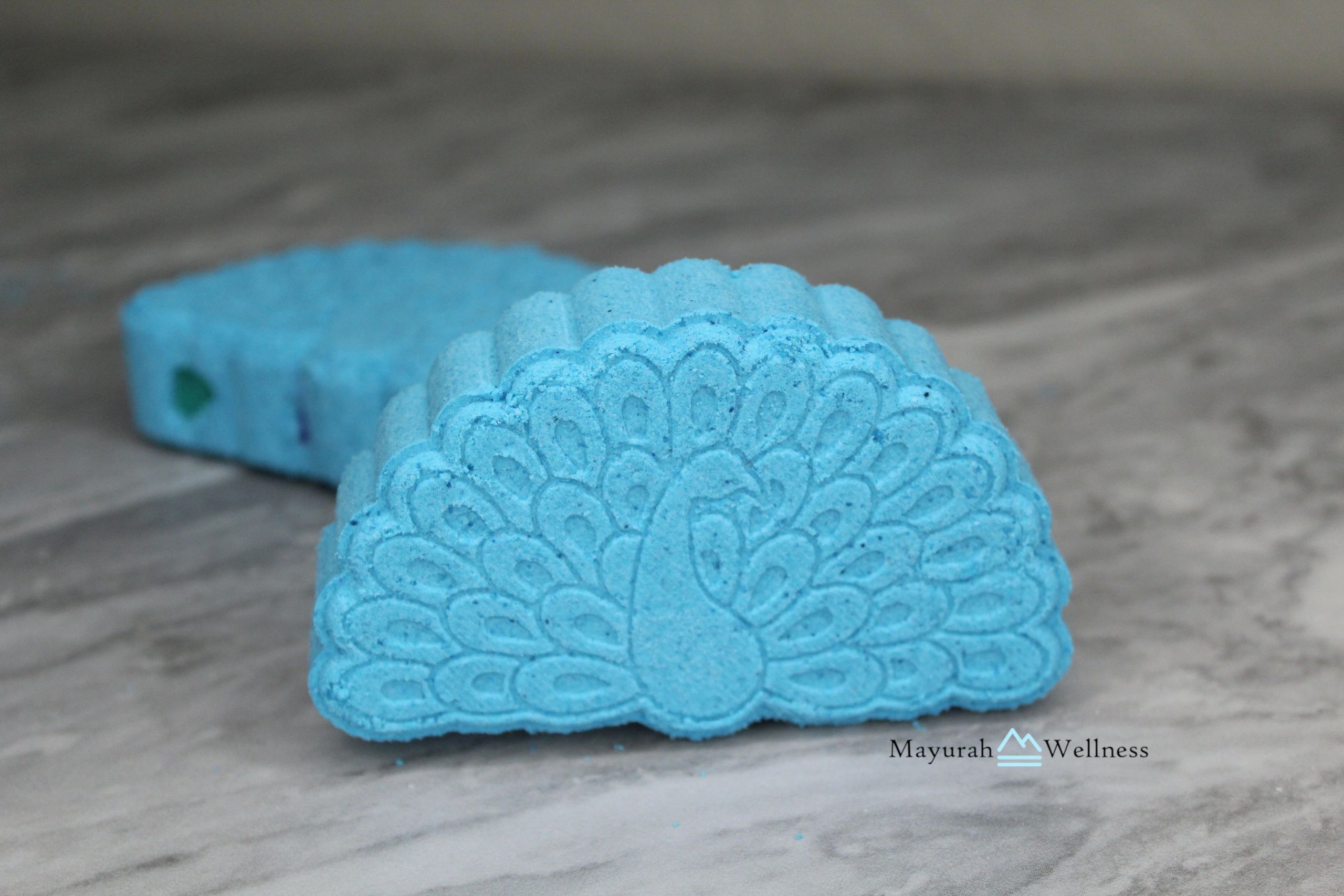 Peacock bath bomb, mayurah bath bomb, patchouli bath bomb, mayurah wellness, handmade in chandler