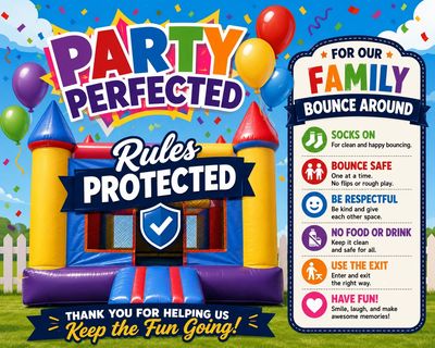 Colorful bounce house with party rules for safe and fun play.