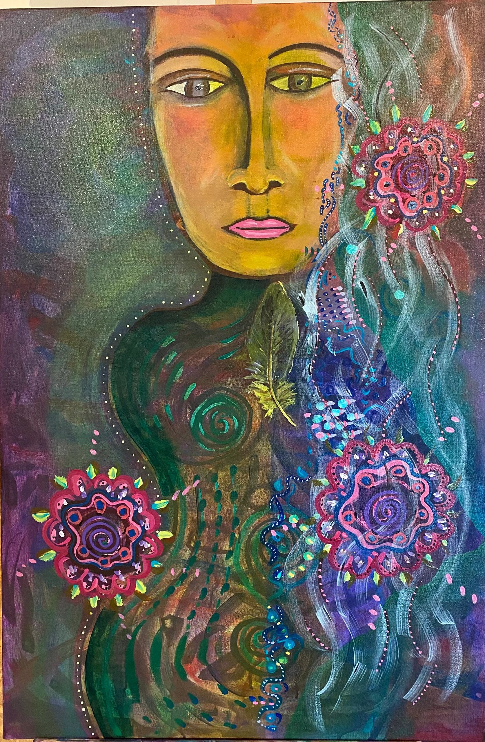Abstract painting of a face with vibrant floral and feather elements.