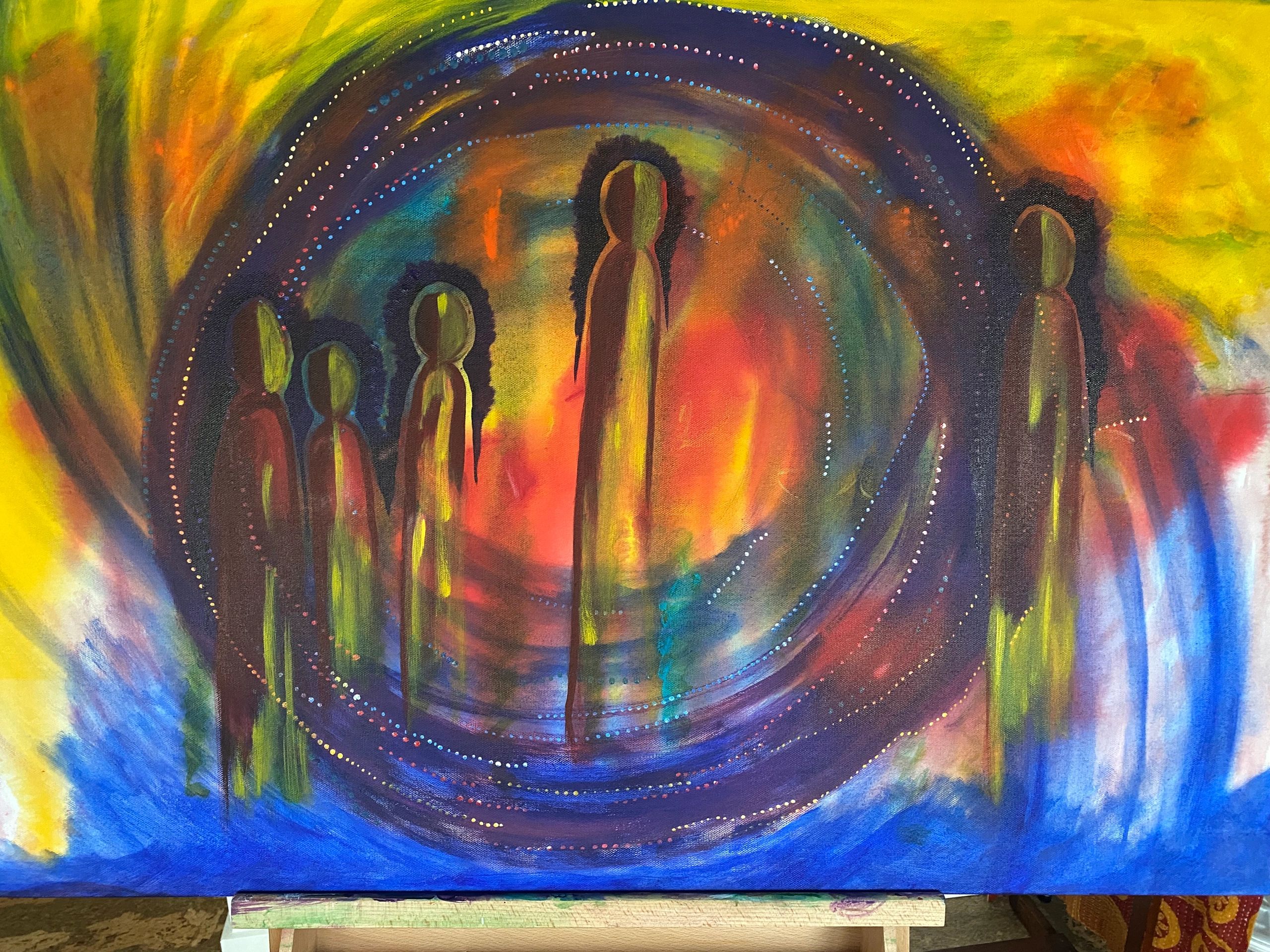 Abstract painting of elongated figures within colorful circular patterns.