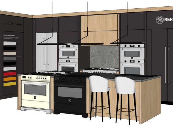 3D commercial display rendering. Kitchen featuring Bertazzoni appliances 