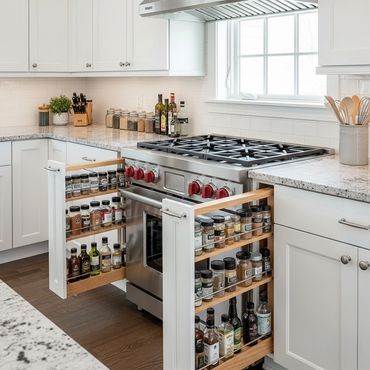 Dual pull-out spice racks flanking a stove in a custom white kitchen by TKB Group.