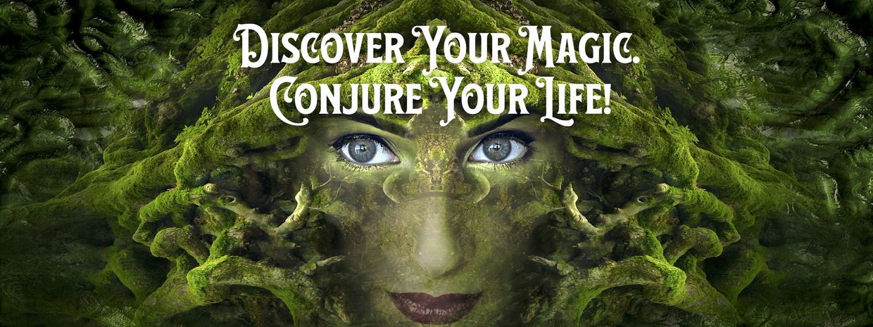 Mystical face emerges from mossy roots with magical text overlay.