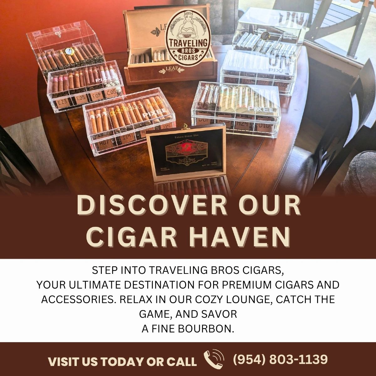 A variety of premium cigars displayed on a wooden table at Traveling Bros Cigars.