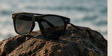 Black sunglasses resting on a textured rock.