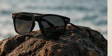 Black sunglasses resting on a textured rock.