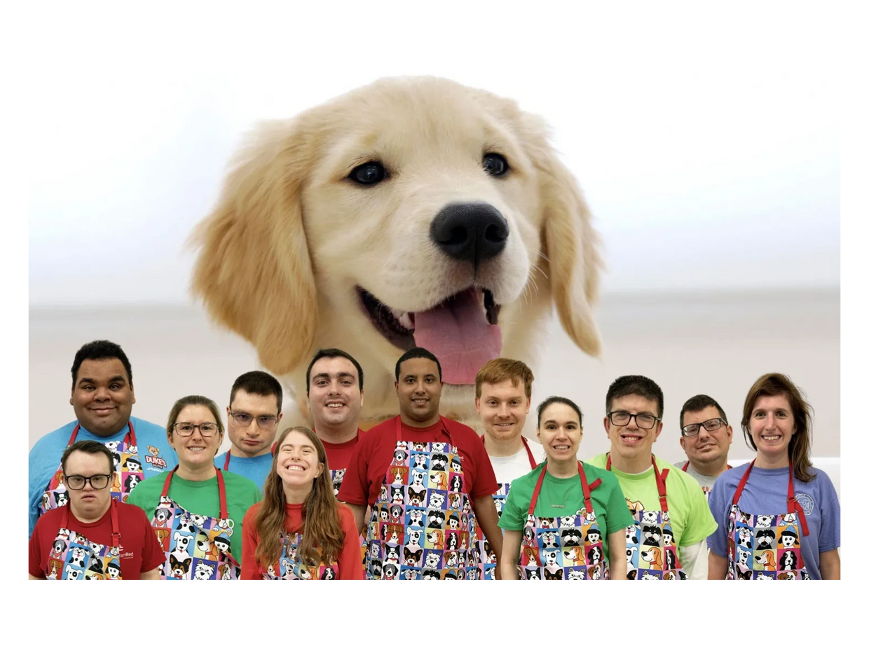 a banner with people and a dog in the background 