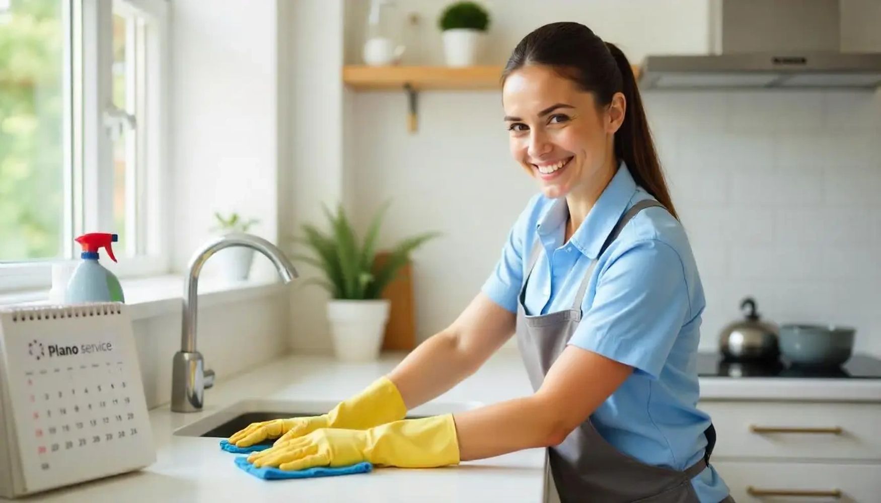 "Professional cleaner wiping down kitchen counter with gloves in a bright" fetchpriority="high" 