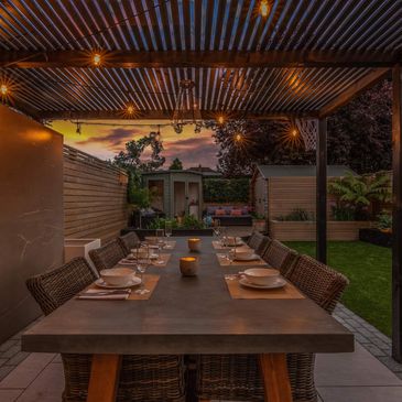Outdoor Dining and Entertainment Space Under A Pergola. Outdoor Living. Landscaping. Lilliput