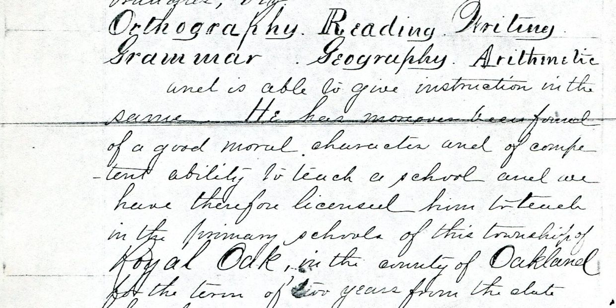 Handwritten certificate certifying R.A. Parker's teaching qualifications in various subjects.