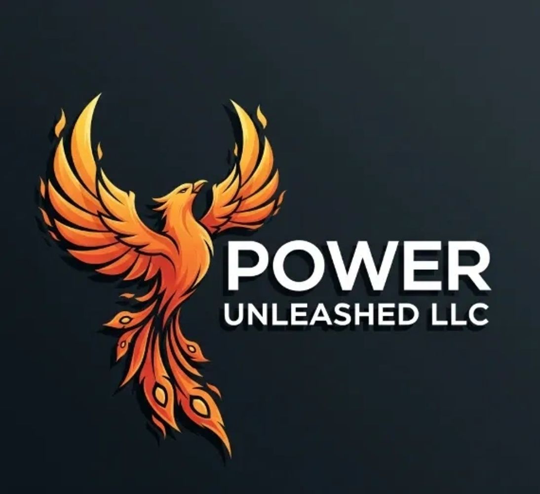 Vibrant phoenix logo with 'POWER UNLEASHED LLC' text on dark background.