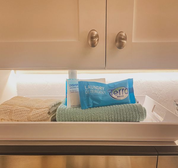 Every booking comes with a starter pack: laundry detergent, dish soap, dish detergent, shower soap, 