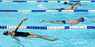 Three swimmers practicing different strokes in a pool with lane dividers.