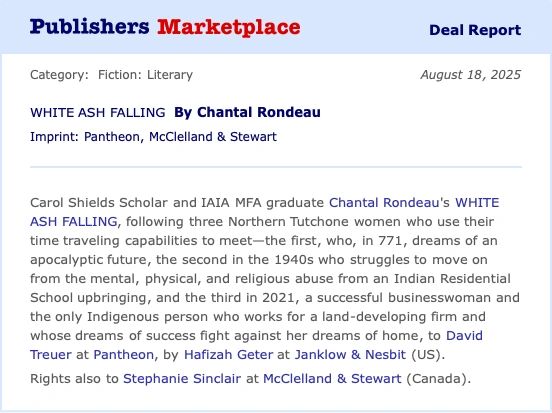 Deal report for Chantal Rondeau's novel WHITE ASH FALLING in Publishers Marketplace.