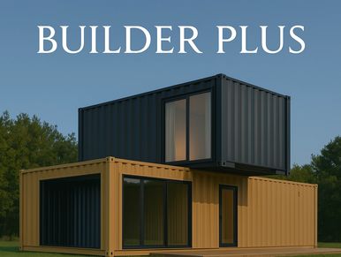 Two-story container home labeled Builder Plus, representing modular project design and lender prep.