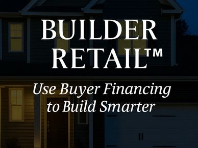 A suburban home at dusk with the Builder Retail™logo & tagline ‘Use Buyer Financing to Build Smarter
