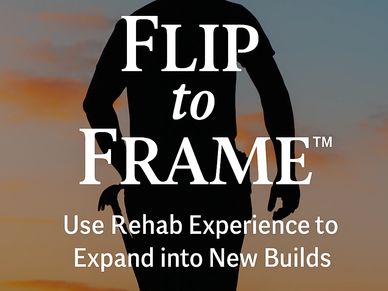 Modern home build site at dusk with Flip to Frame™ logo and tagline about transitioning into new bui