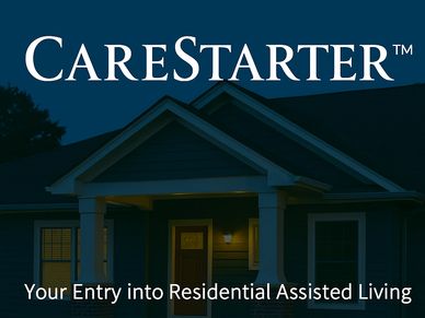 Residential care home at dusk with CareStarter™ title and tagline promoting assisted living startup.