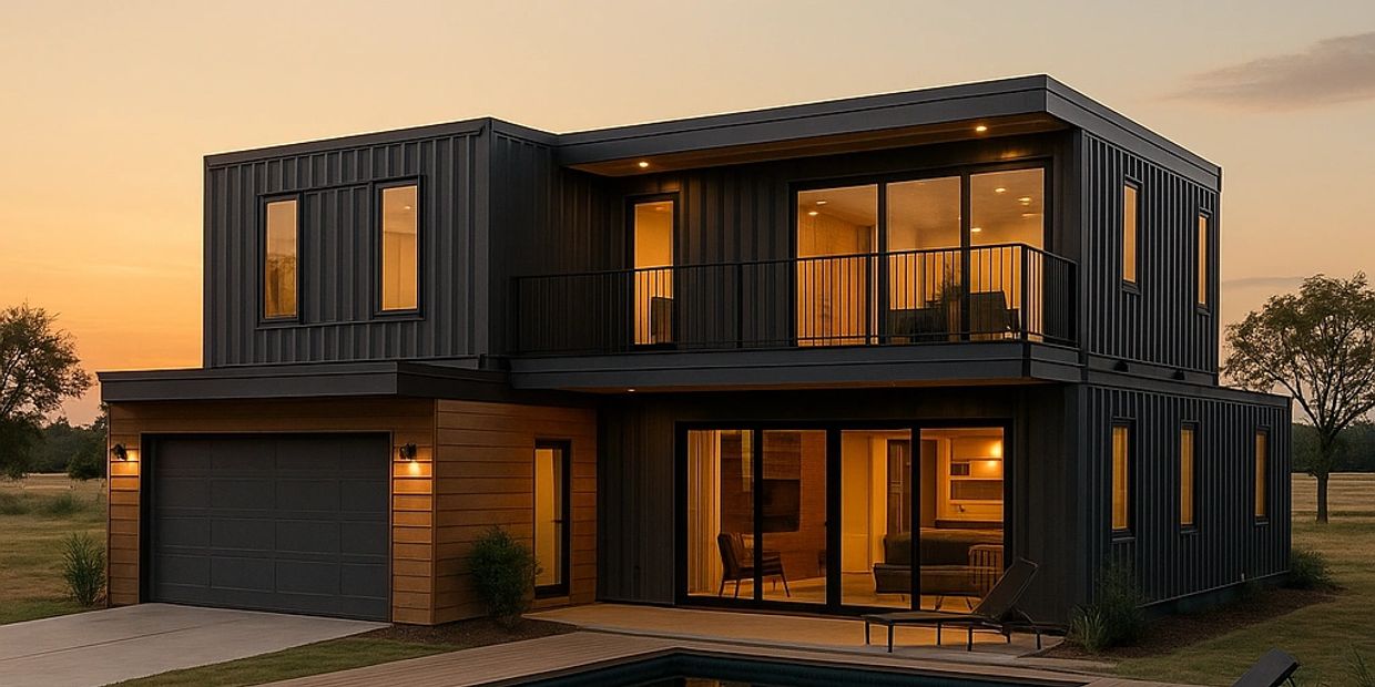 two story container home with a pool and garage