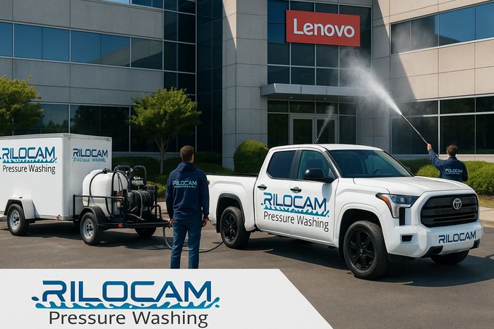 Two workers pressure washing a building with RILOCAM branded truck and trailer.