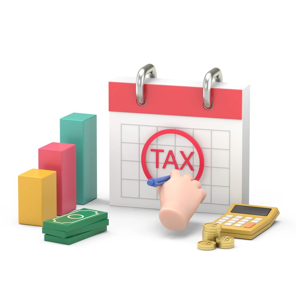 3D illustration of tax deadline with financial symbols like calculator and money.