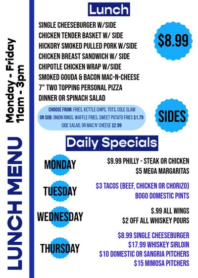 Lunch menu with $8.99 entrees, daily specials, and various sides from Monday to Friday, 11am-3pm.