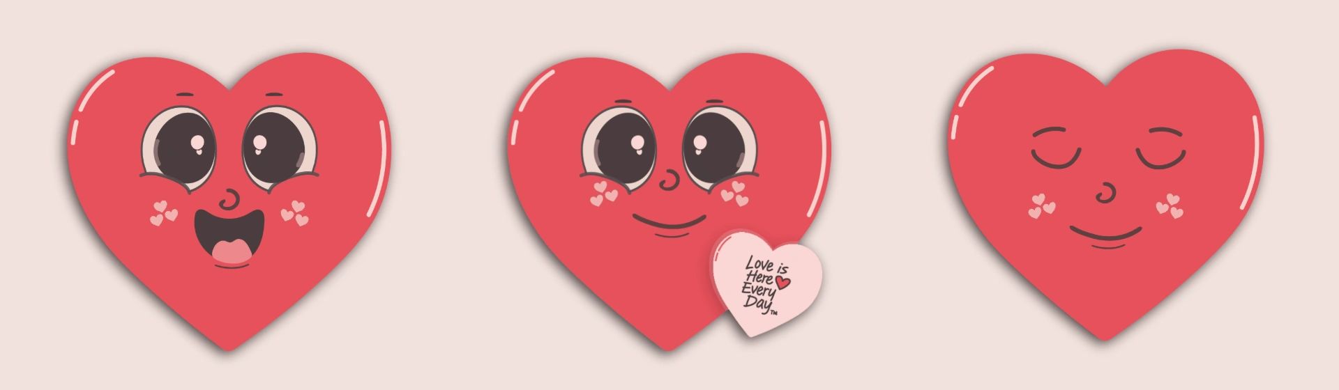Three red hearts with different cute facial expressions on a light background.