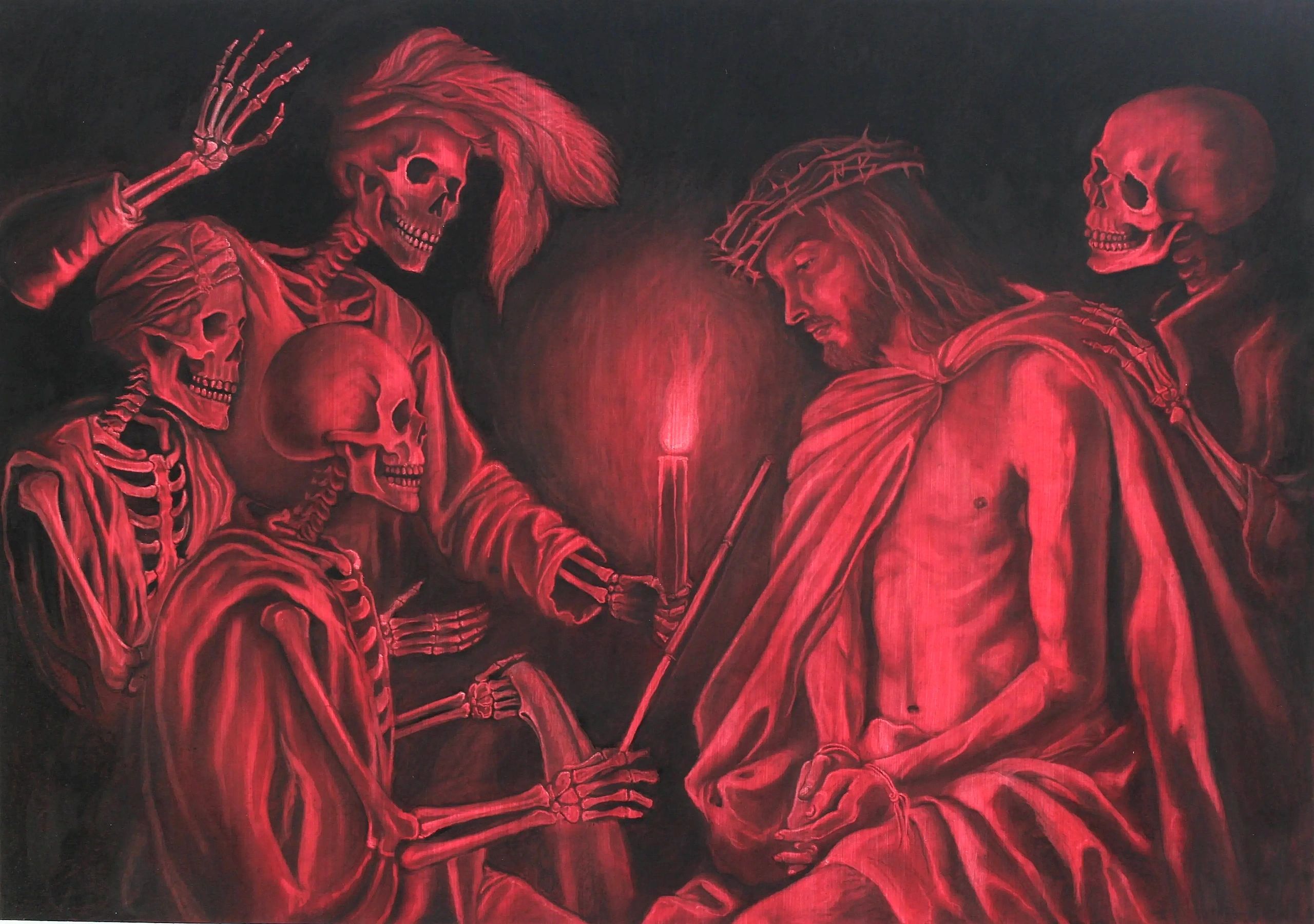 Red-hued scene with skeletons and a crowned figure around a candle.