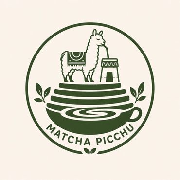 Logo of a llama drinking from a cup labeled Matcha Picchu.