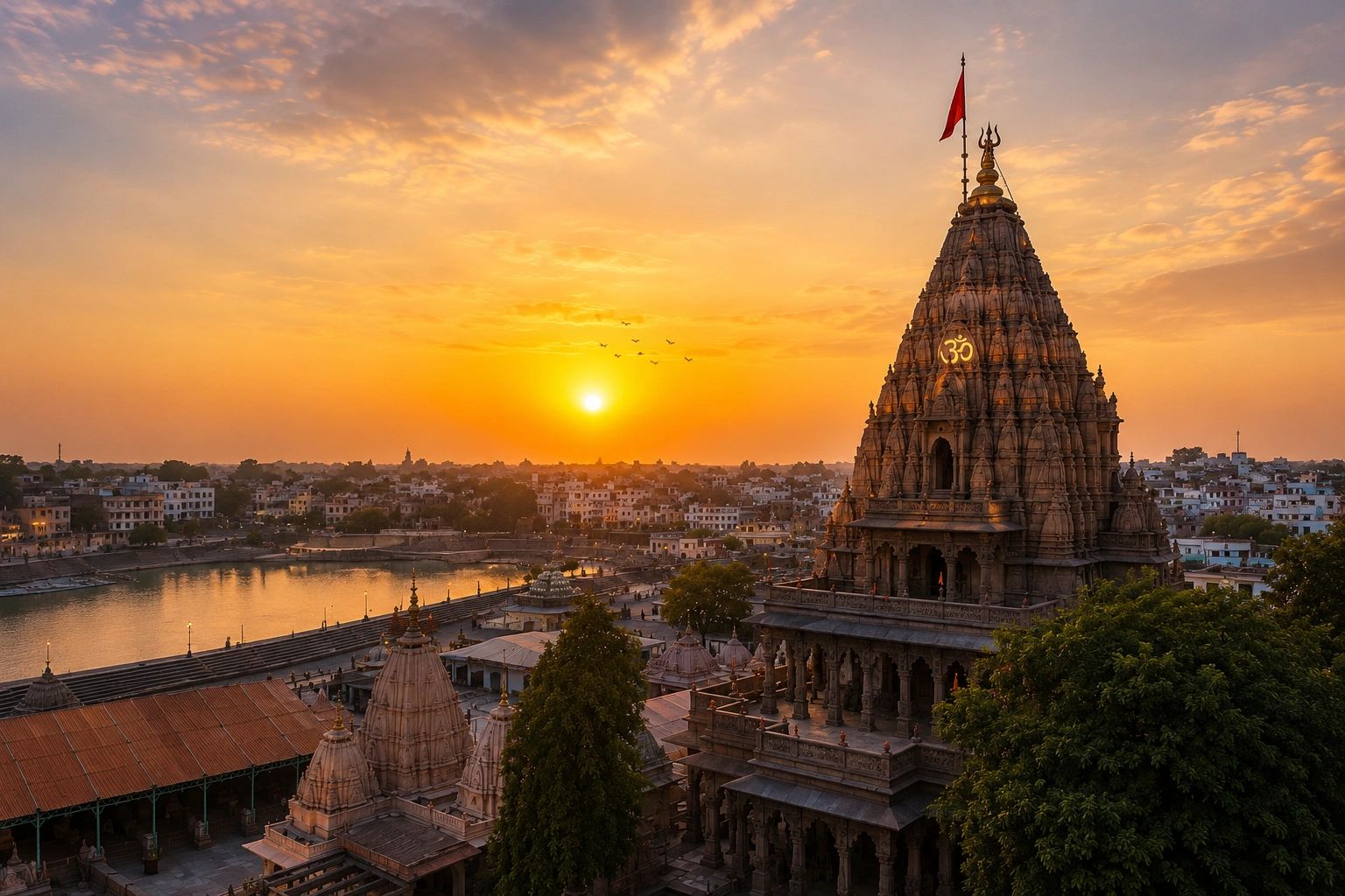 Mahakaleshwar Temple in Ujjain at sunset with sacred ghats and a peaceful spiritual atmosphere.