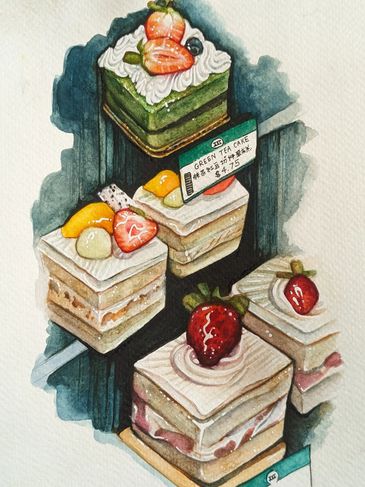 Watercolor painting of assorted cakes with strawberries and fruits.