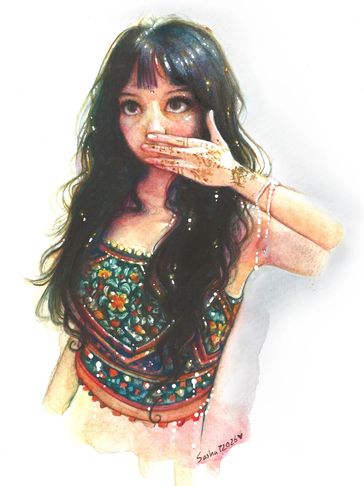 A watercolor portrait of a girl with long hair covering her mouth, wearing a colorful embroidered top.