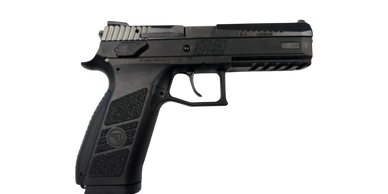A black semi-automatic handgun with textured grip and slide serrations.