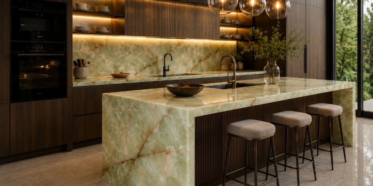 Modern kitchen with green marble island and wooden cabinetry.