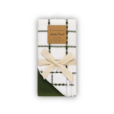 Set of two kitchen towels with a green and white checkered pattern tied with a beige ribbon.