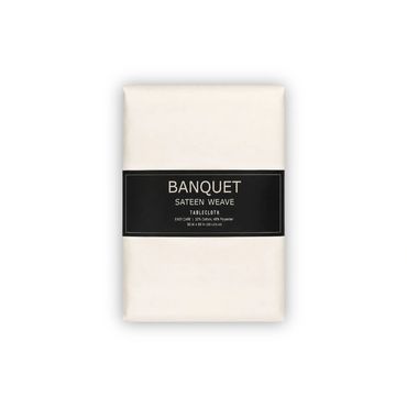 White Banquet sateen weave tablecloth in packaging.