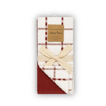 Set of two linen kitchen towels with red and white checkered pattern.