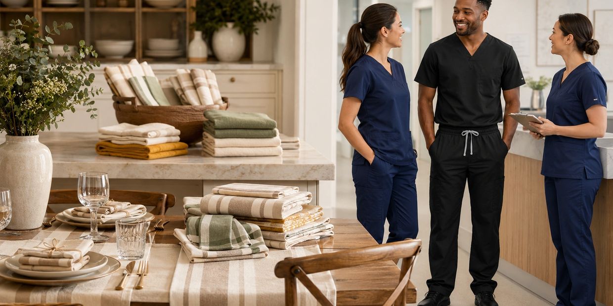 Three healthcare professionals in scrubs smiling and chatting in a cozy kitchen setting.