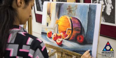 still life work with oil pastel by student with one month of training at artography studio