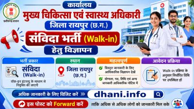 Walk-in recruitment for contractual health officers in Raipur, Chhattisgarh.
