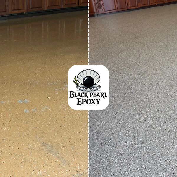 Before and after epoxy garage floor restoration by Black Pearl Epoxy.