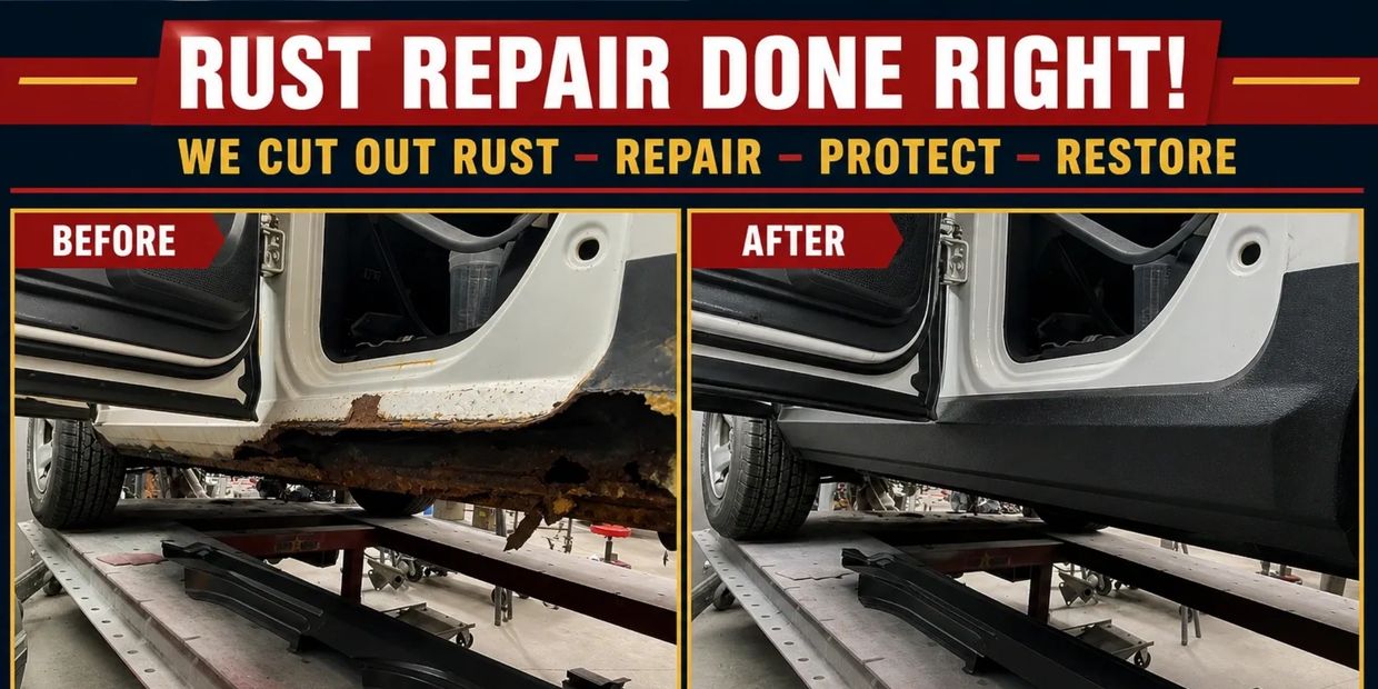 Before and after images of expert rust repair on a vehicle's lower door panel.