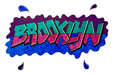 Brooklyn in graffiti text and paint drips with purple, green, pink and blue color