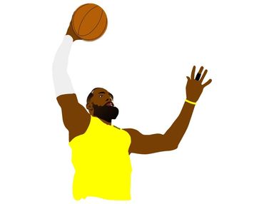 Bearded basketball player with yellow  jersey, arm sleeve, wrist band reaching with ball for a dunk 